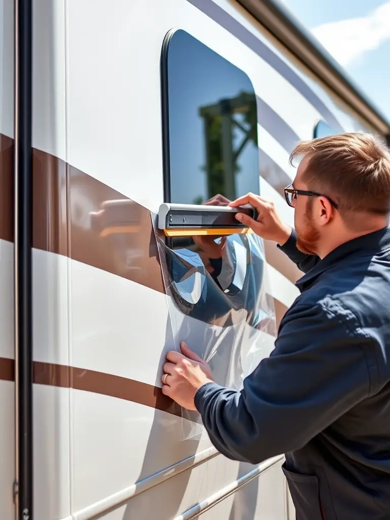 A photograph showcasing the application of a paint protection film on an RV, with a technician carefully smoothing out the film to ensure a seamless and protective layer, emphasizing the warranty-backed paint protection services offered.