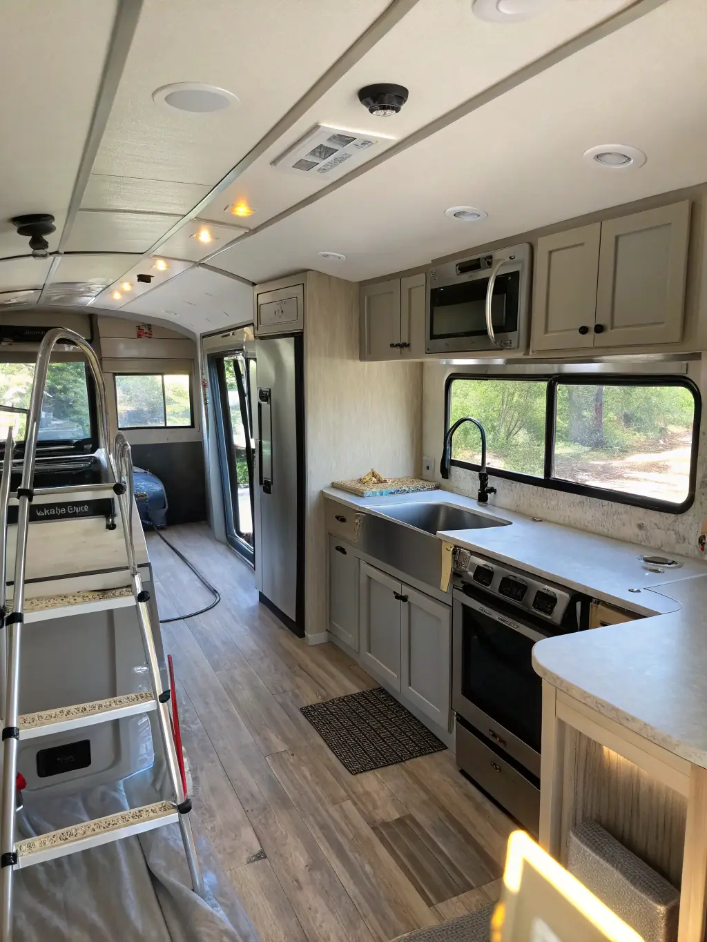 An interior shot of a clean and well-maintained RV after interior detailing, showcasing the spotless surfaces, vacuumed carpets, and overall cleanliness achieved by Preferred Auto Detailing Center.